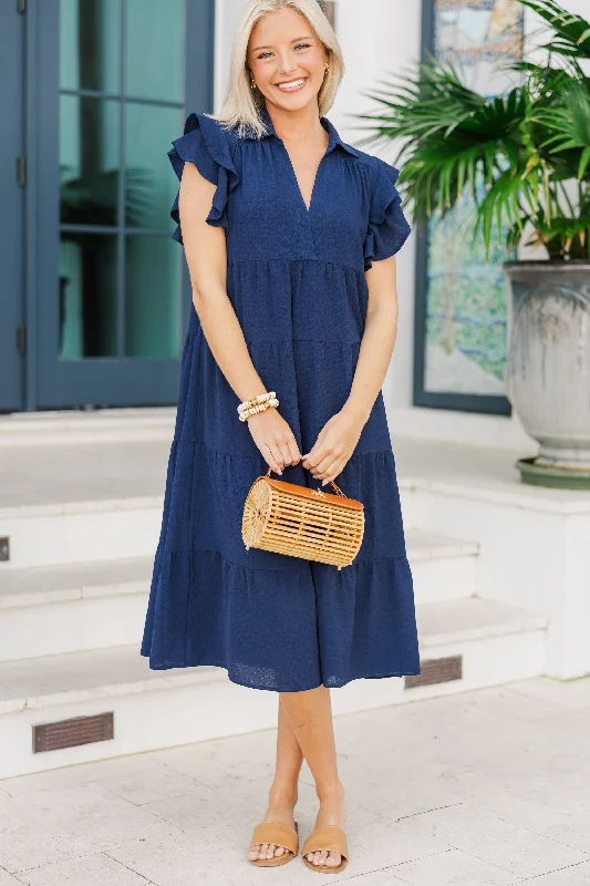 Women's Bell-Sleeve DressesLook You Up Navy Blue Ruffled Midi Dress