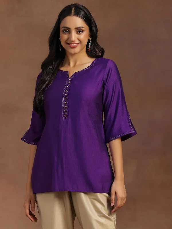 Women's Jumpsuits with Shawl CollarPurple Solid Silk Blend Straight Kurti