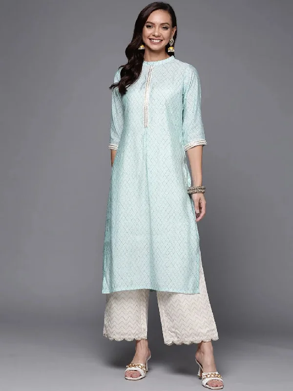 Women's Jumpsuits with Low WaistBlue Printed Silk Straight Kurta