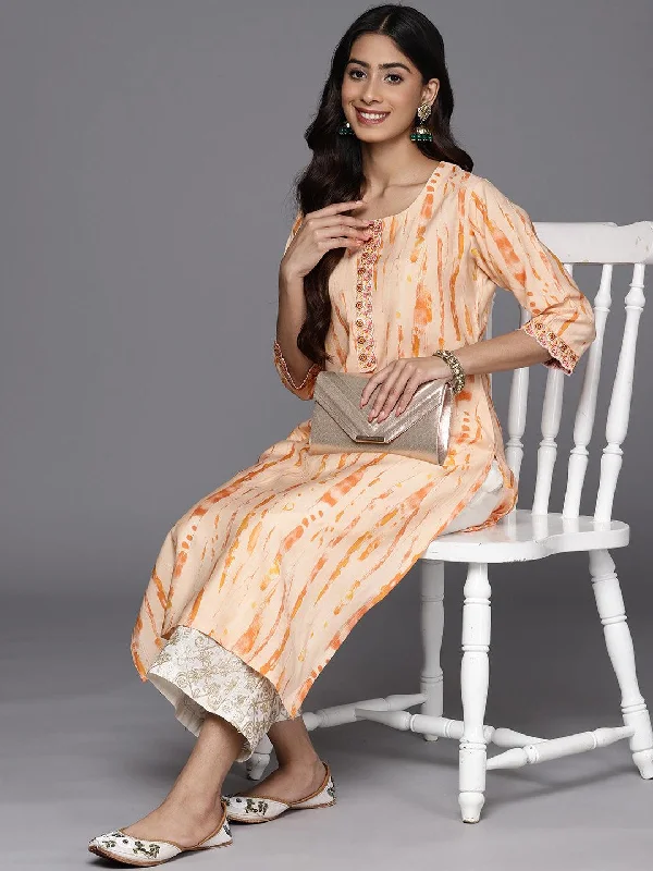 Women's Jumpsuits with Lapel CollarOrange Printed Silk Straight Kurta