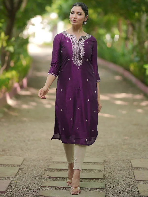 Women's Jumpsuits with Narrow CollarWine Embroidered Silk Straight Kurta