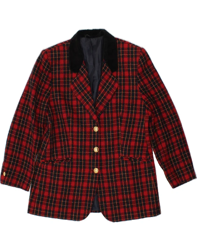 Women's Coats with Fur Trimmed ButtonsVINTAGE Womens 3 Button Blazer Jacket UK 14 Large Red Check Polyester