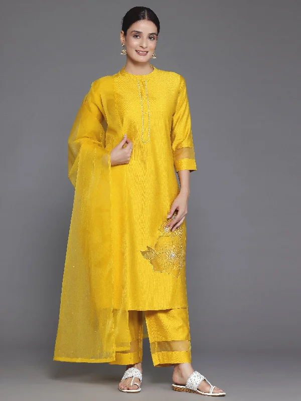 Women's Jumpsuits with Square NeckYellow Solid Silk Blend Straight Suit With Dupatta