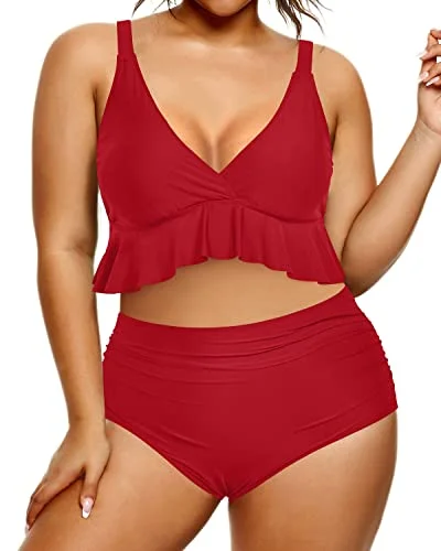 Flattering Plus Size Bathing Suits For Women High Waisted Bikini Set-Red