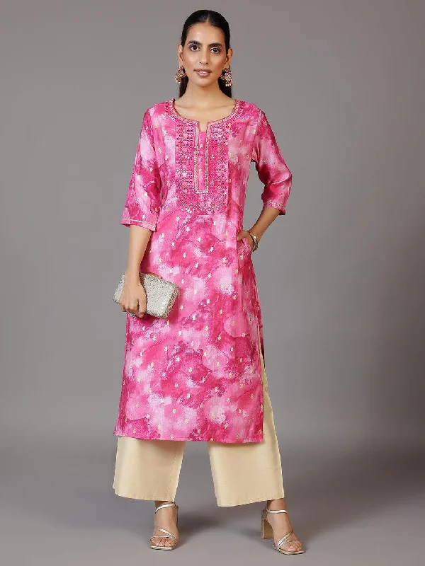 Women's Jumpsuits with Wide CollarPink Printed Silk Straight Kurta