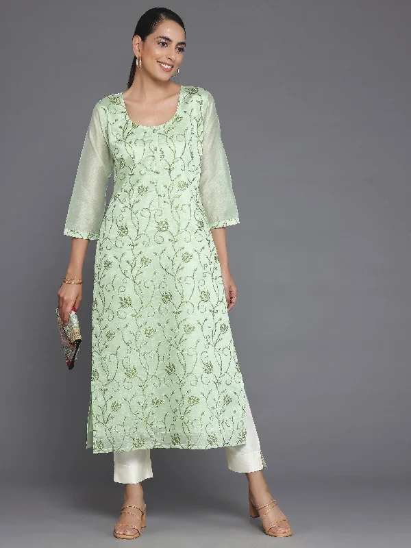 Women's Jumpsuits with Sweetheart NeckGreen Embroidered Silk Straight Kurta