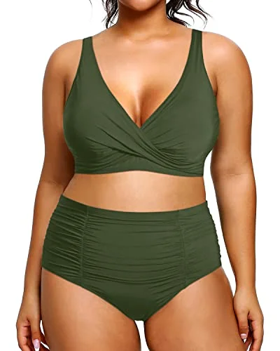 Two Piece Plus Size Swimsuits For Women High Waisted Bikini Tummy Control Bathing Suits-Army Green