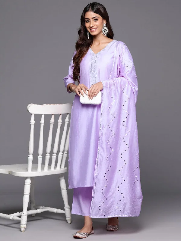 Women's Jumpsuits with Boat CollarLavender Yoke Design Silk Blend Straight Suit With Dupatta