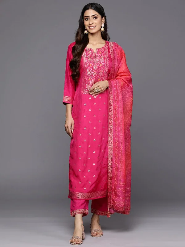 Women's Jumpsuits with Short LengthMagenta Self Design Silk Blend Straight Kurta With Trousers & Dupatta