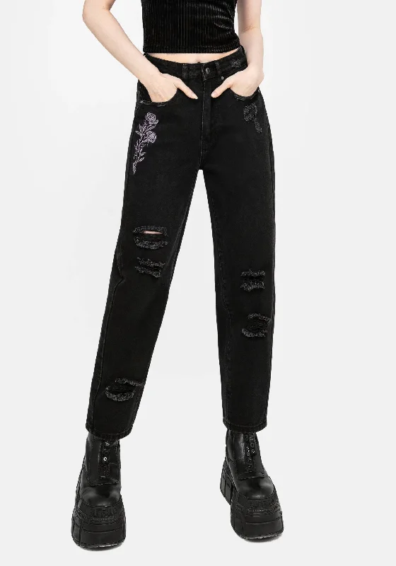 Women's Jodhpurs with Notched CollarDeadhead Rose Embroidered Distressed Denim Barrel Leg Jeans