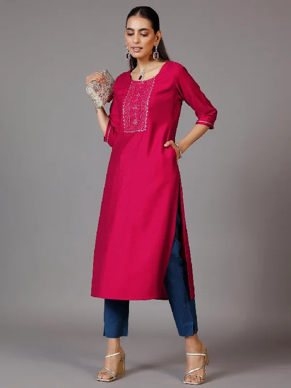 Women's Jumpsuits with High CollarPink Yoke Design Silk Straight Kurta