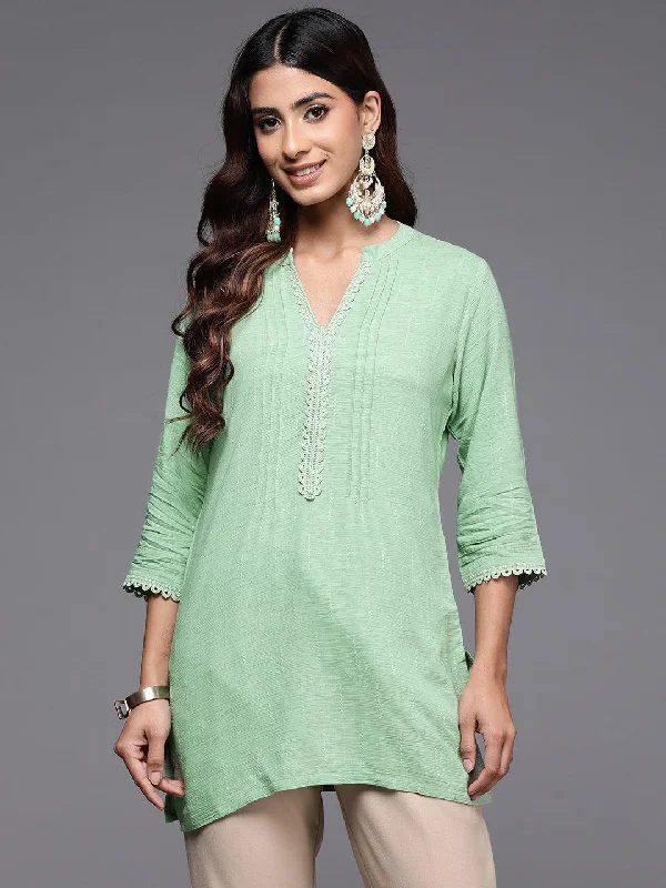 Women's Jumpsuits with Mid WaistGreen Woven Design Cotton Blend Straight Kurti