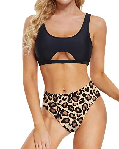 Cheeky Two Piece Bikini Set For Women Underboob Swimsuit-Black And Leopard