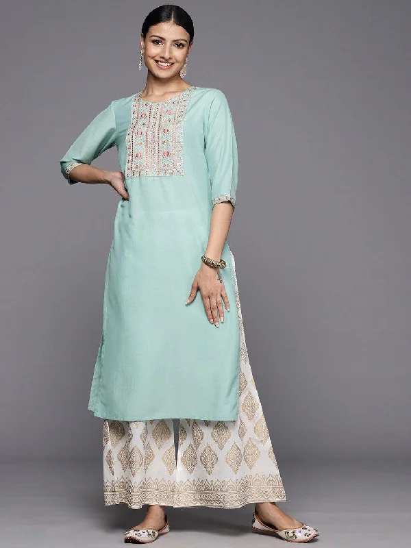 Women's Jumpsuits with Notched CollarSea Green Yoke Design Silk Straight Kurta