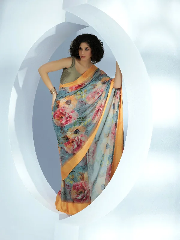 Women's Jumpsuits with Rounded HemBlue Printed Poly Chiffon Saree With Unstitched Blouse Piece