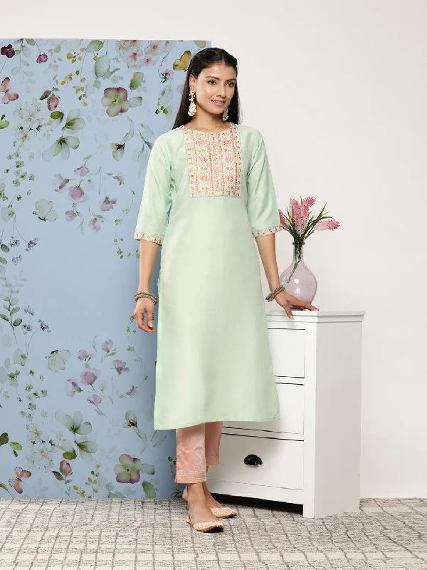 Women's Jumpsuits with Peter Pan CollarGreen Yoke Design Silk Blend Straight Kurta