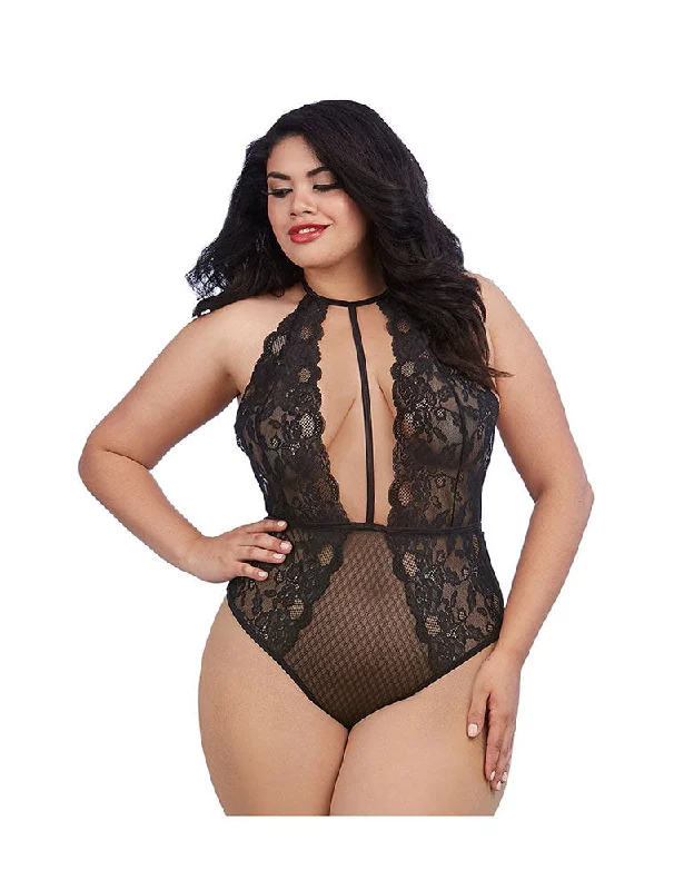 open-bust waist trainer with lace overlay for eleganceBlack Stretch Lace Teddy with Plunge Front