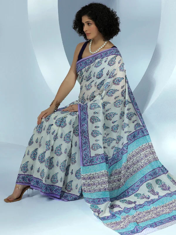 Women's Jumpsuits with Peter Pan CollarOff White Printed Cotton Saree With Unstitched Blouse Piece