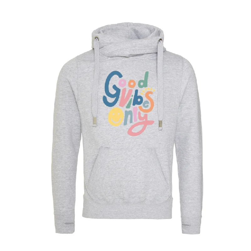 Women's Hooded Sweatshirts with Polyester LiningGrey Good Vibes Only Cowl Neck Hoodie