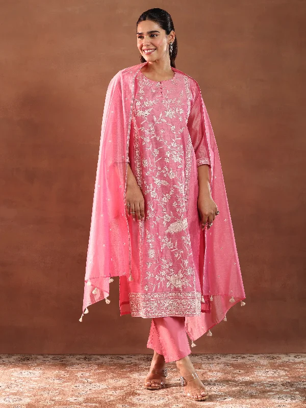 Women's Jumpsuits with V-Shaped CollarCoral Embroidered Chanderi Silk Straight Suit With Dupatta