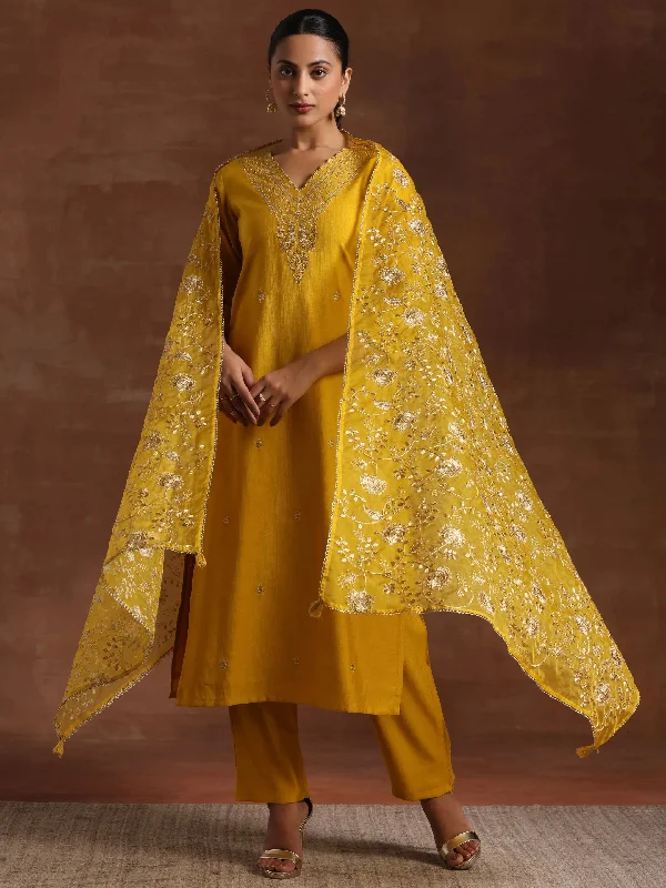 Women's Jumpsuits with Collarless NeckMustard Embroidered Silk Blend Straight Suit With Dupatta