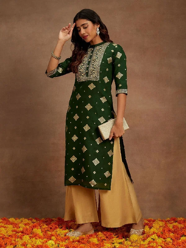 Women's Jumpsuits with Square CollarGreen Woven Design Chanderi Silk Straight Kurta