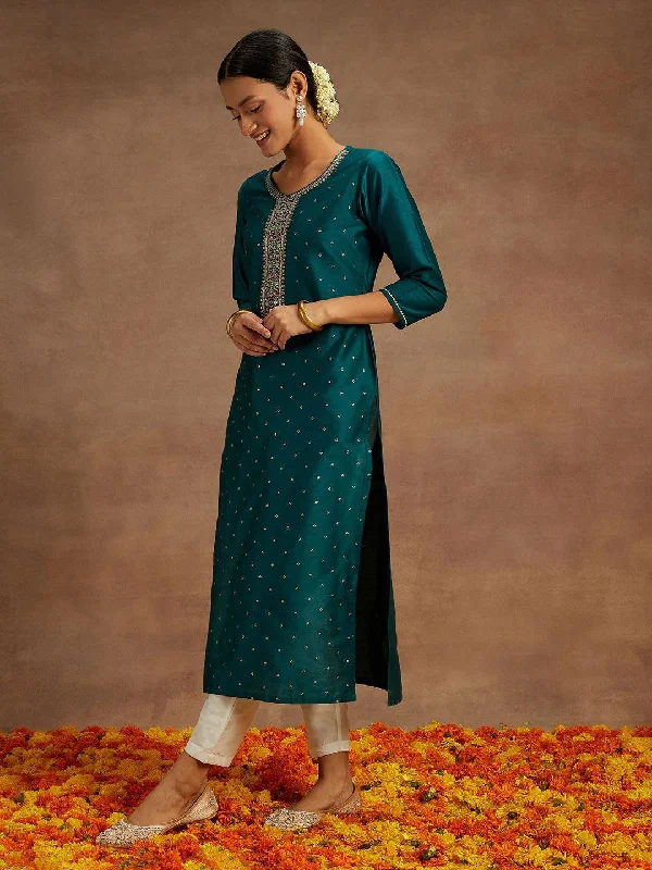 Women's Jumpsuits with Asymmetrical HemTeal Printed Silk Straight Kurta