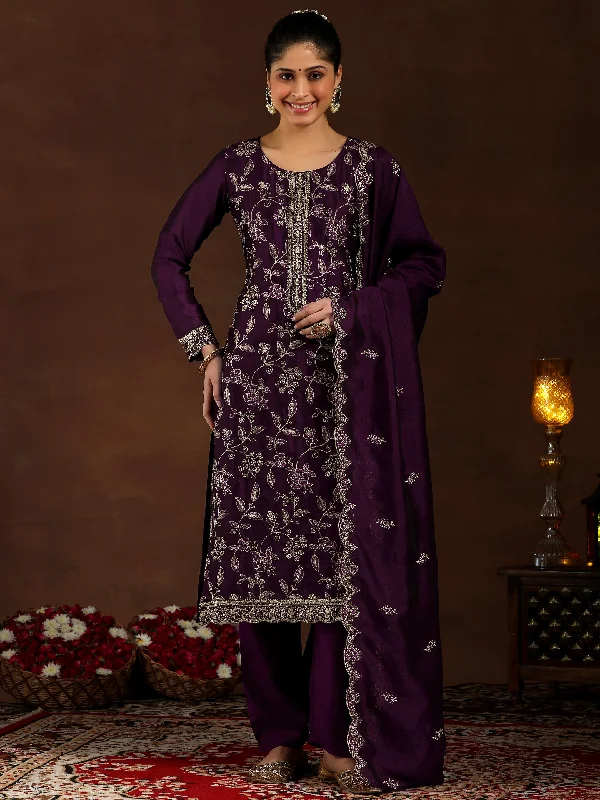 Women's Jumpsuits with Notched CollarWine Embroidered Silk Blend Straight Suit With Dupatta