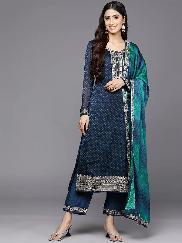 Women's Jumpsuits with Elastic WaistBlue Printed Chiffon Straight Kurta With Trousers & Dupatta