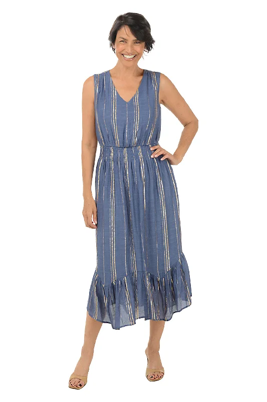 Women's Shirt Collar DressesGold Striped Sleeveless Midi Dress