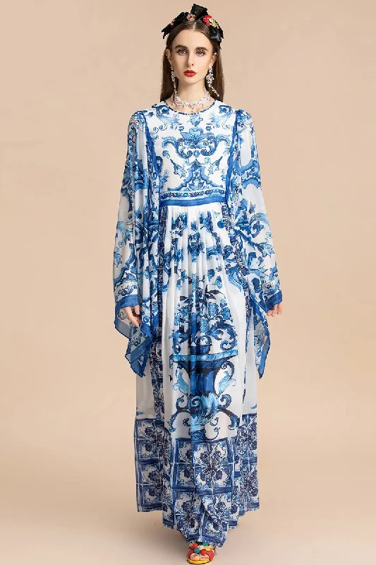 Women's Notched Collar DressesHoliday Glam Mediterraneo Print Kimono-Sleeve Maxi Dress