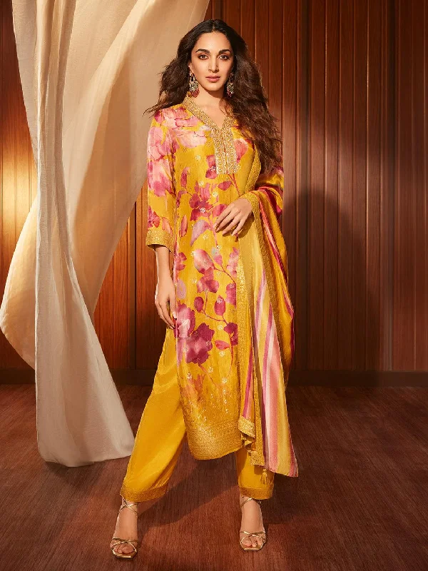 Women's One-Piece JumpsuitsMustard Printed Silk Blend Straight Suit With Dupatta