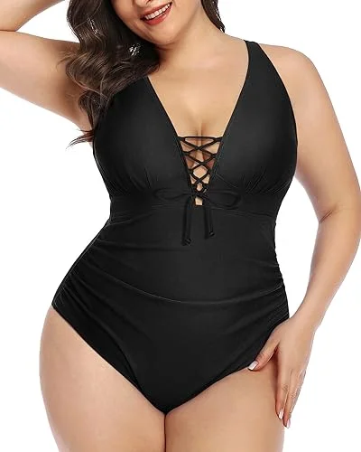 Plus Size Plunge V-Neck Lace-Up One Piece Swimsuit