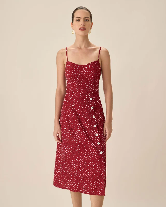 Women's Low Collar DressesRed Polka Dot Slip Midi Dress