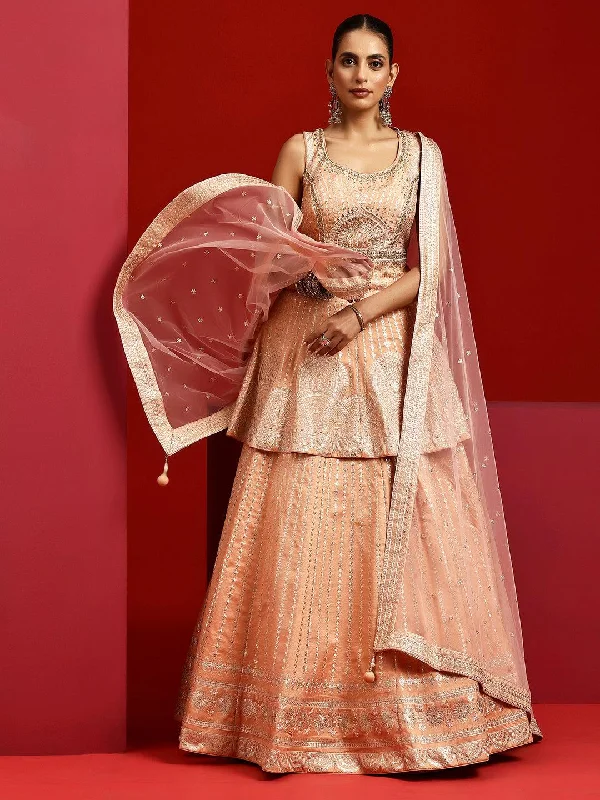 Women's Jumpsuits with Rounded CollarLibas Art Peach Embroidered Silk Blend Lehenga Set