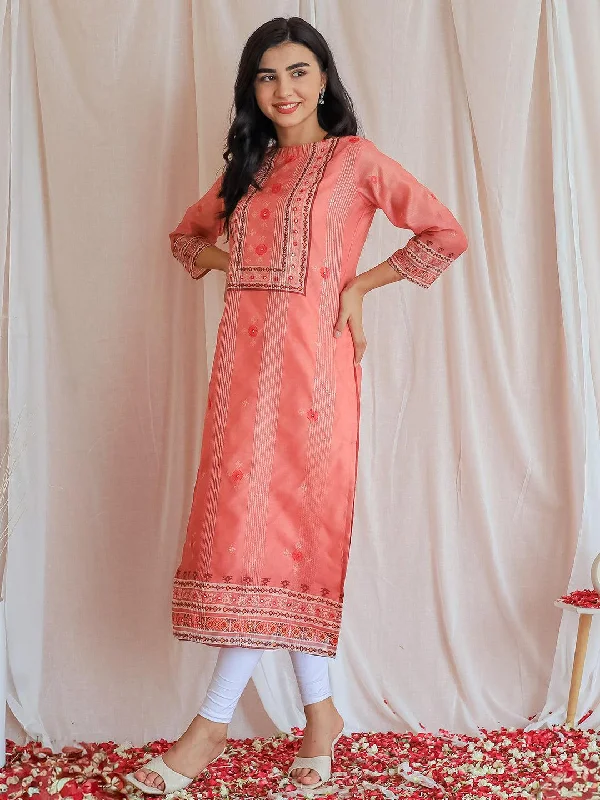 Women's Jumpsuits with Narrow CollarPink Printed Chanderi Silk Straight Kurta