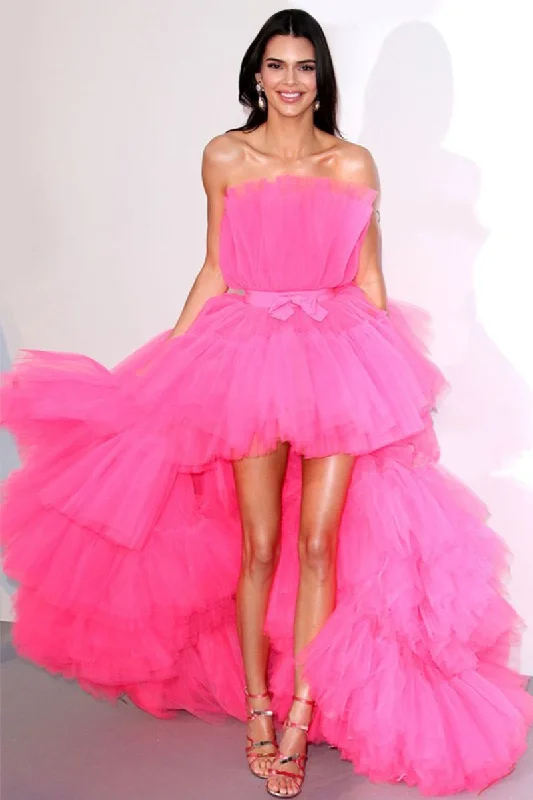 Women's V-Neck DressesRunway Glam Hot Pink Tulle High-Low Maxi Dress