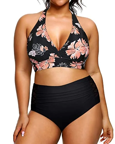 Women's Full Coverage Two Piece Plus Size Bikini Swimsuit-Black Orange Floral