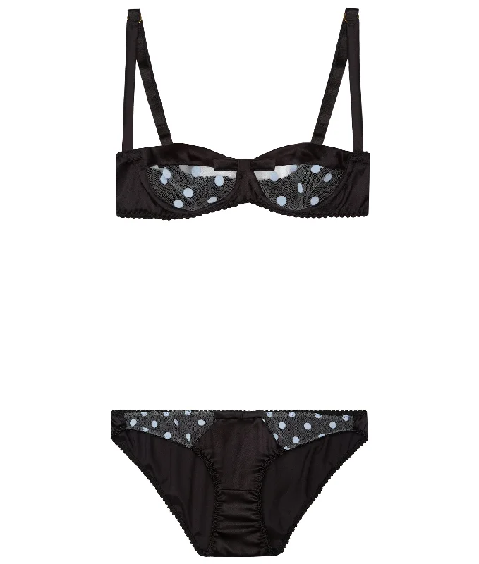 convertible bra with hook-and-eye closureBlack Stretch-Silk and Blue Polka Dot Tulle Balconette Bra Lingerie Set