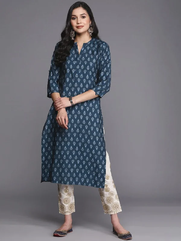 Women's Jumpsuits with Rounded HemBlue Printed Silk Straight Kurta