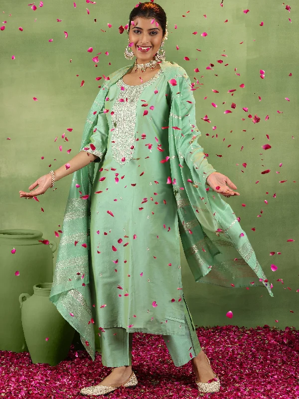 Women's Jumpsuits with Mid-LengthGreen Embroidered Silk Blend Straight Suit With Dupatta