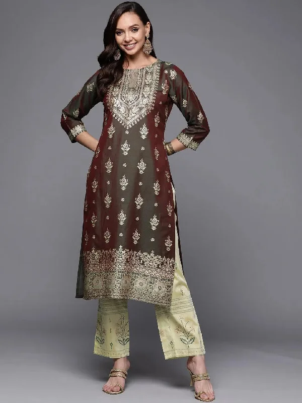 Women's Jumpsuits with Keyhole CollarOlive Yoke Design Silk Kurta