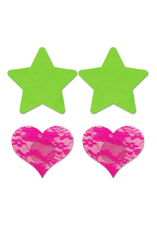 seamless bra with lace detailingFashion Pasties Set: Neon Green Solid Star, Neon Pink Lace Heart