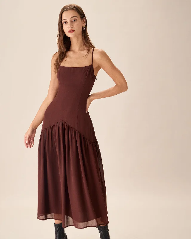 Women's Maxi DressesBrown Chiffon Ruched Slip Midi Dress