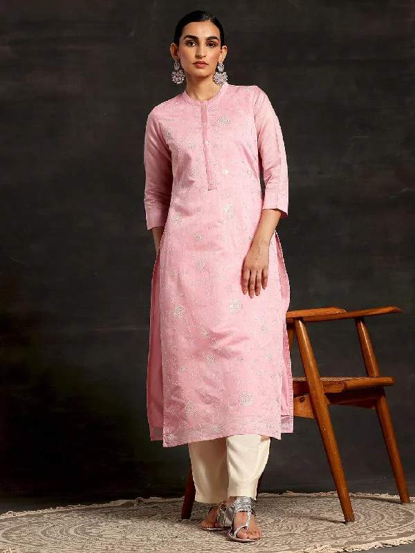 Women's Jumpsuits with Keyhole CollarPink Embroidered Chanderi Silk Straight Kurta