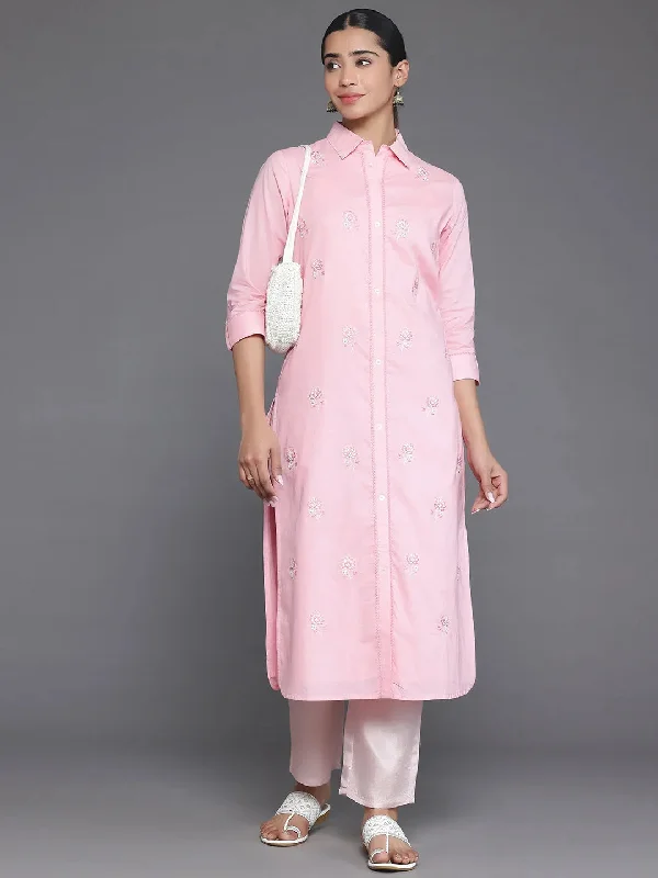 Women's Jumpsuits with PocketsPink Embroidered Cotton Straight Kurta