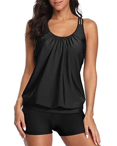 Modest Coverage Layered Design Athletic Two Piece Swimsuits For Women-Black