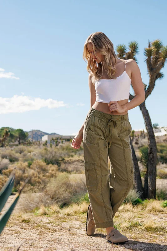 Women's Jodhpurs with DrawstringWashed Linen Cargo Pants - Olive