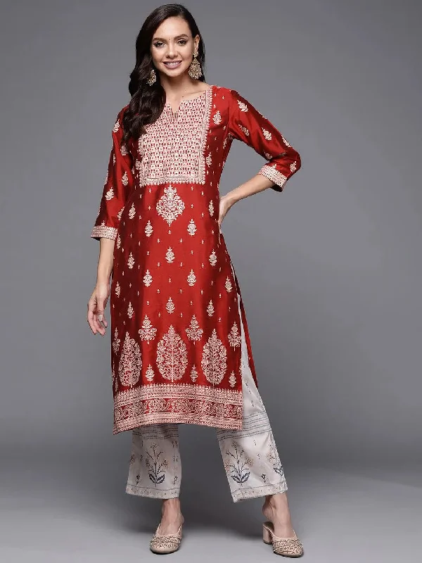 Women's Jumpsuits with Mandarin CollarRed Printed Silk Straight Kurta