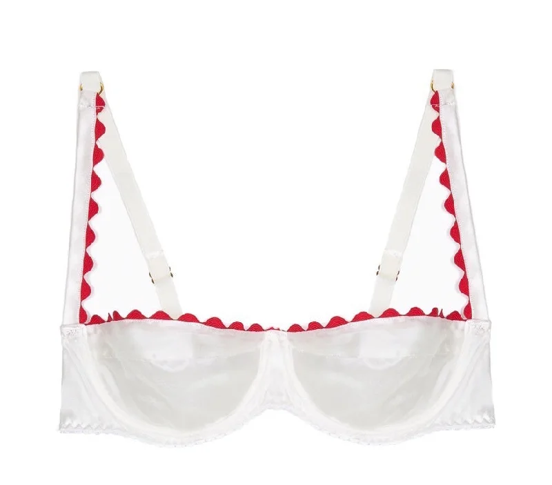 plus-size wireless racerback braWhite Stretch-Silk Balconette Bra with Red Ric Rac